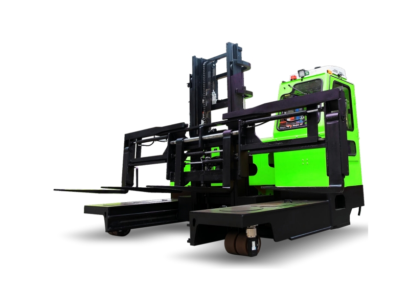 NEO FORKLIFT electric multi-directional forklift handling long material in a heavy-duty logistics yard NEO FORKLIFT electric multi-directional forklift handling long material in a heavy-duty logistics yard